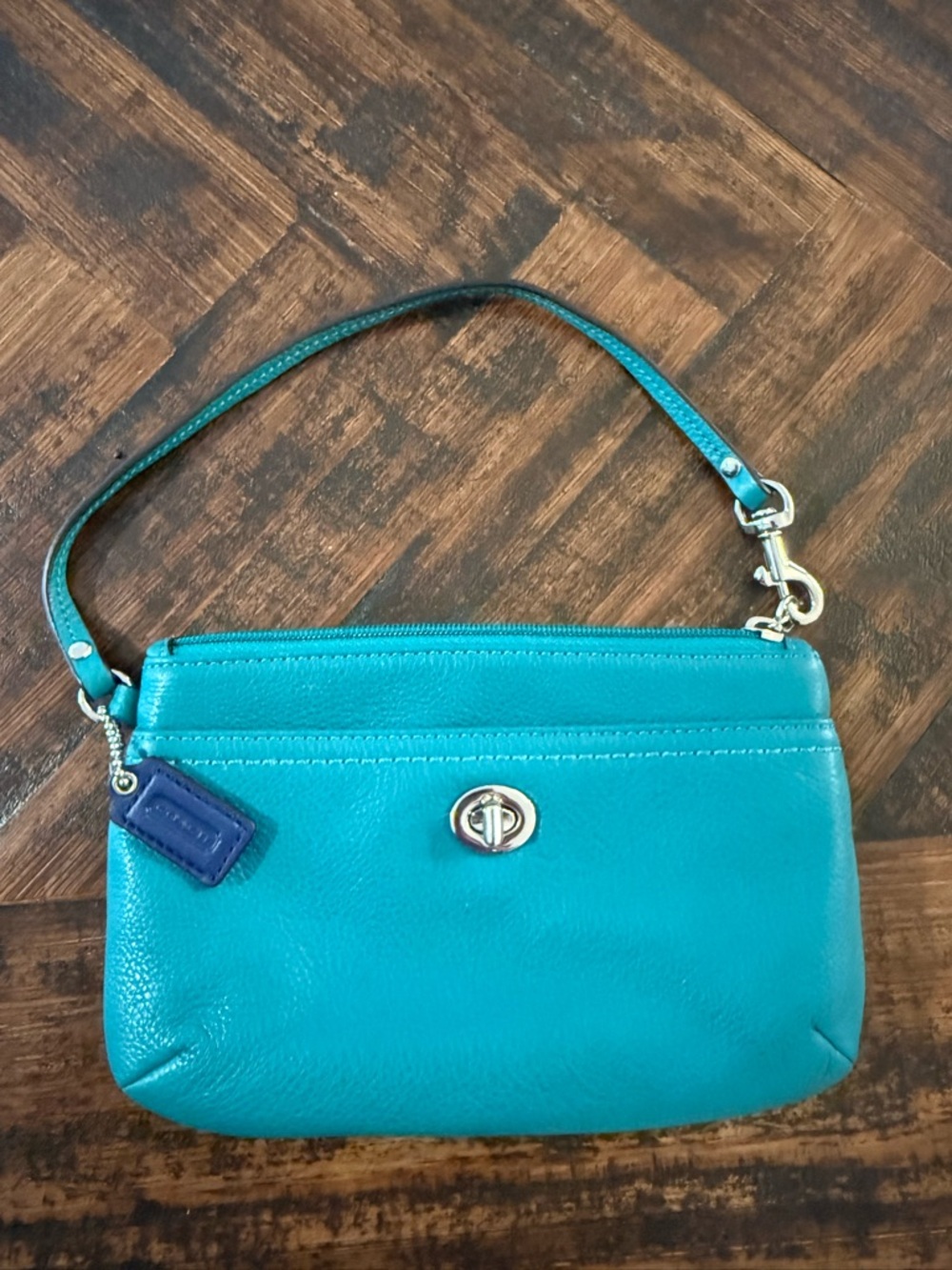 Coach Teal Leather Wristlet with Silver Turnlock